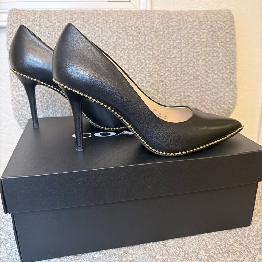 Coach Waverly Black Heels with Gold Trim - Picture 2 of 6